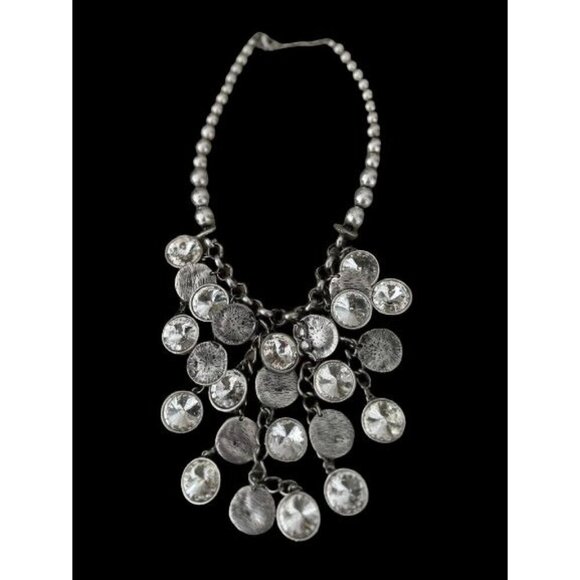 Vintage VCLM Necklace Silver Tone Crystals & Hammered Disks 14" Drop - Picture 1 of 9
